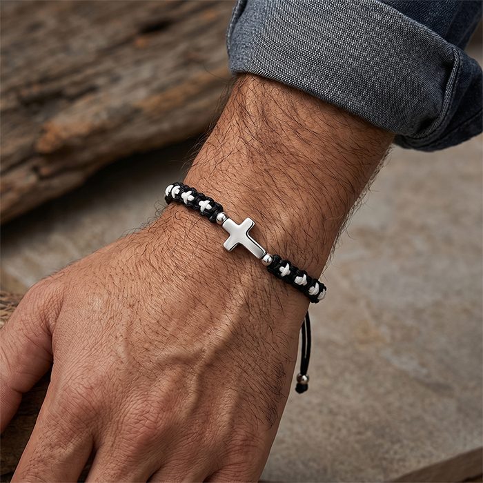 Handmade Braided Cross Bracelet For Men Women, Stainless Steel Religious Protection Bracelet, Adjustable Nylon Cord Christian Gift With Scripture Card