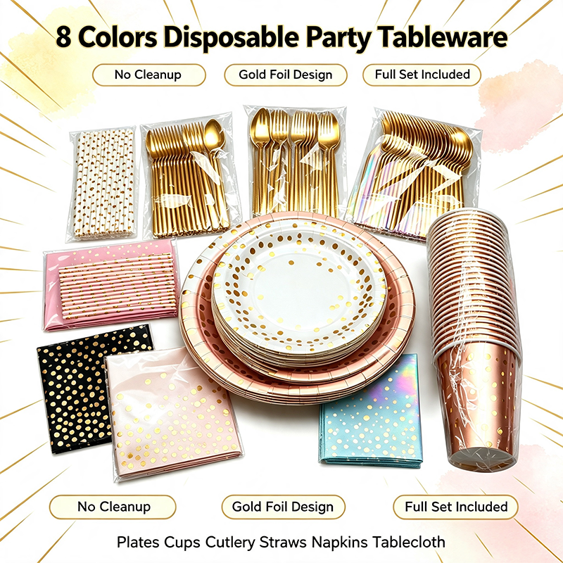 Disposable Gold Dot Party Tableware Set, Paper Plates Cups Napkins Straws Golden Cutlery Tablecloth, All In One Party Supplies For Birthday Baby Shower Wedding Picnic, 8 Colors Available