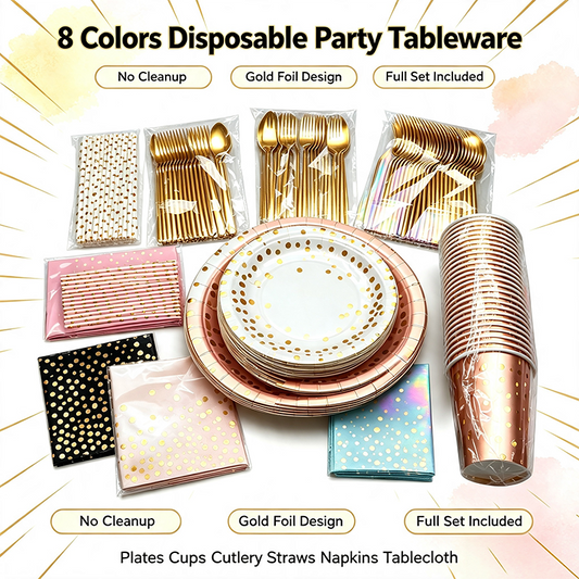 Disposable Gold Dot Party Tableware Set, Paper Plates Cups Napkins Straws Golden Cutlery Tablecloth, All In One Party Supplies For Birthday Baby Shower Wedding Picnic, 8 Colors Available