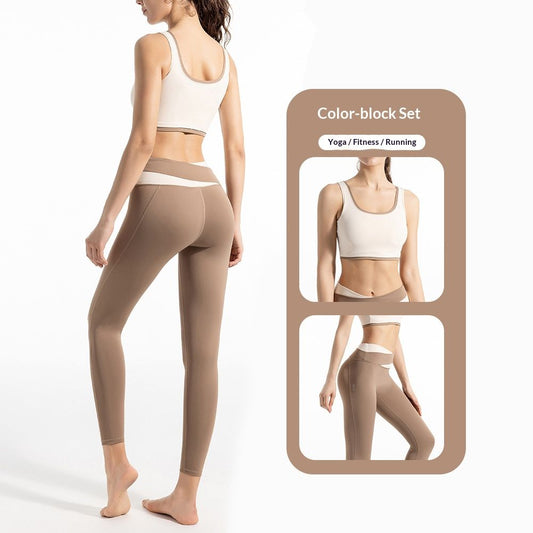 Color Matching Trim Shockproof Push-up Yoga Bra Naked Quick-drying High Waist Hip-lifting And Abdominal-tucking Fitness Trousers Set