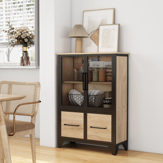Storage Cabinet With 4 Iron Doors,Black Metal Handle,Sideboard With Adjustable Shelf,Black Sturdy Metal Frame And Metal Legs,Easy Assemble,For Living Room,Kitchen,Black Natural