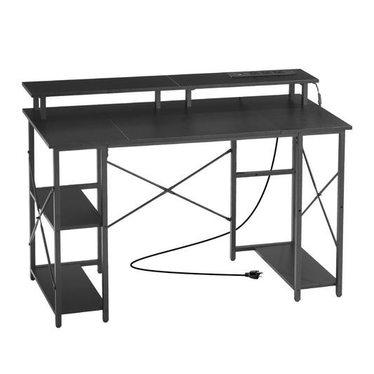 47" Gaming Desk With LED Lights & Power Outlets, Computer Desk With Monitor Stand & 2-Tier Storage Sheves,  Study Work For Home Office, Black