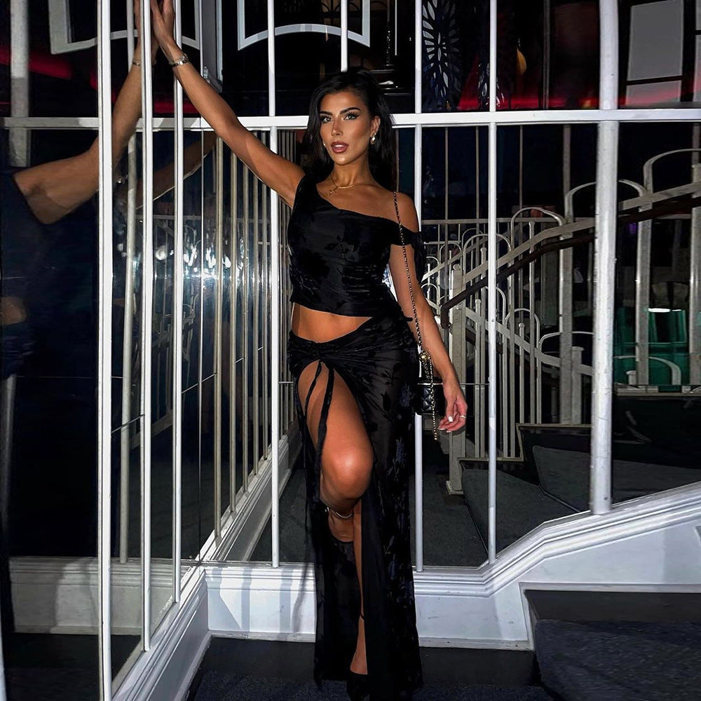 Beauty Clothing See-through Flocking Lace-up Sexy One-shoulder Top Skirt Suit