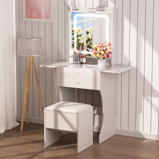 Vanity Set For Small Bedrooms - Small Space Makeup Vanity With Stool, Compartmentalized Drawers & 20cm Foldable Side Tables  Left And Right