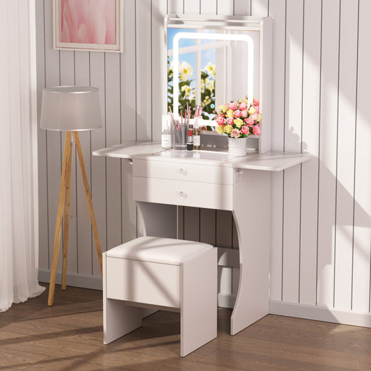 Vanity Set For Small Bedrooms - Small Space Makeup Vanity With Stool, Compartmentalized Drawers & 20cm Foldable Side Tables  Left And Right