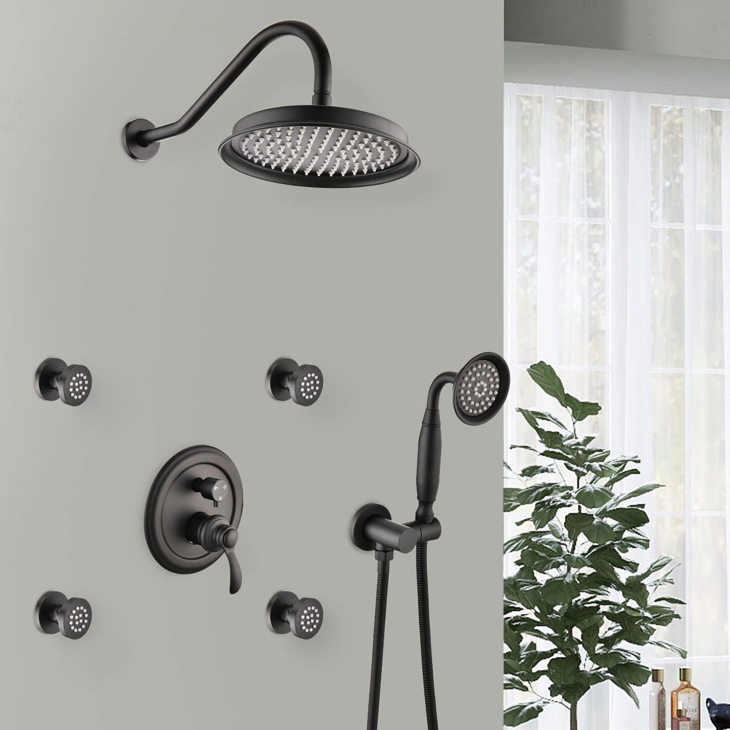 Single-Handle 4-Spray Patterns Bathroom Rain Shower Faucet With Body Jet Handshower In Matte Black  Valve Included