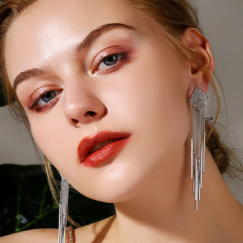 1 Pair 999 Sterling Silver Full Diamond Square Long Tassel Drop Earrings, Sparkly & Elegant, Perfect For Daily, Dating & Parties, Ideal Valentine's Gift
