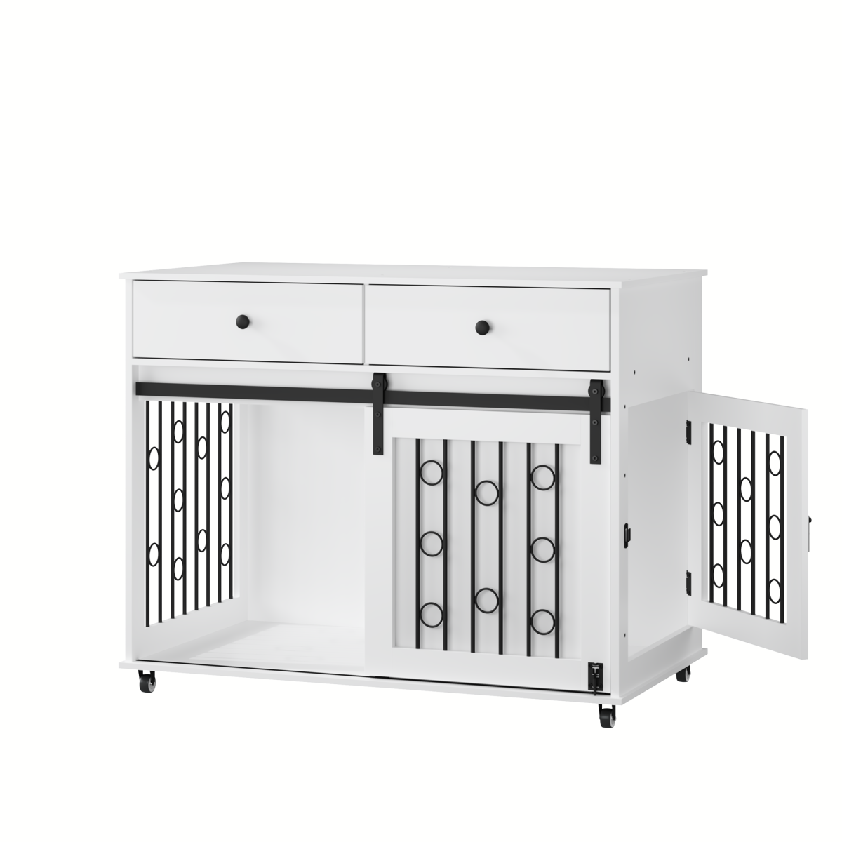 39.37 Modern Wooden Dog Crate Furniture With Double Drawers And Sliding Barn Door, Decorative Pet Kennel End Table With Lockable Wheels, Stylish Dog Cage For Small To Medium Dogs  White