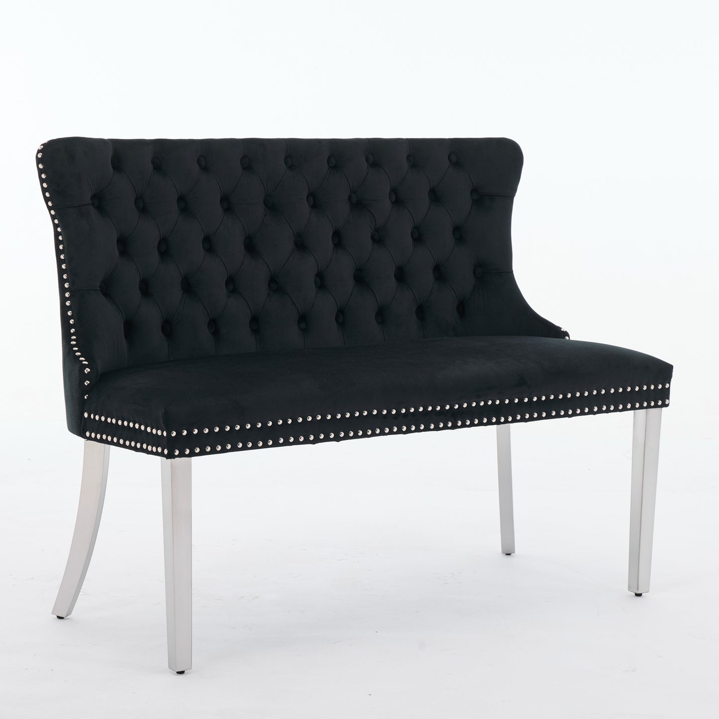 Velvet Double Dining Loveseat Bench, Kitchen & Dining Seating, 2-Seat Tufted Bench W Handmade Buttons, Wing Back, Brushed Silver Stainless Steel Legs, Mid Century Modern,Single Pack,Black,DE1702BK