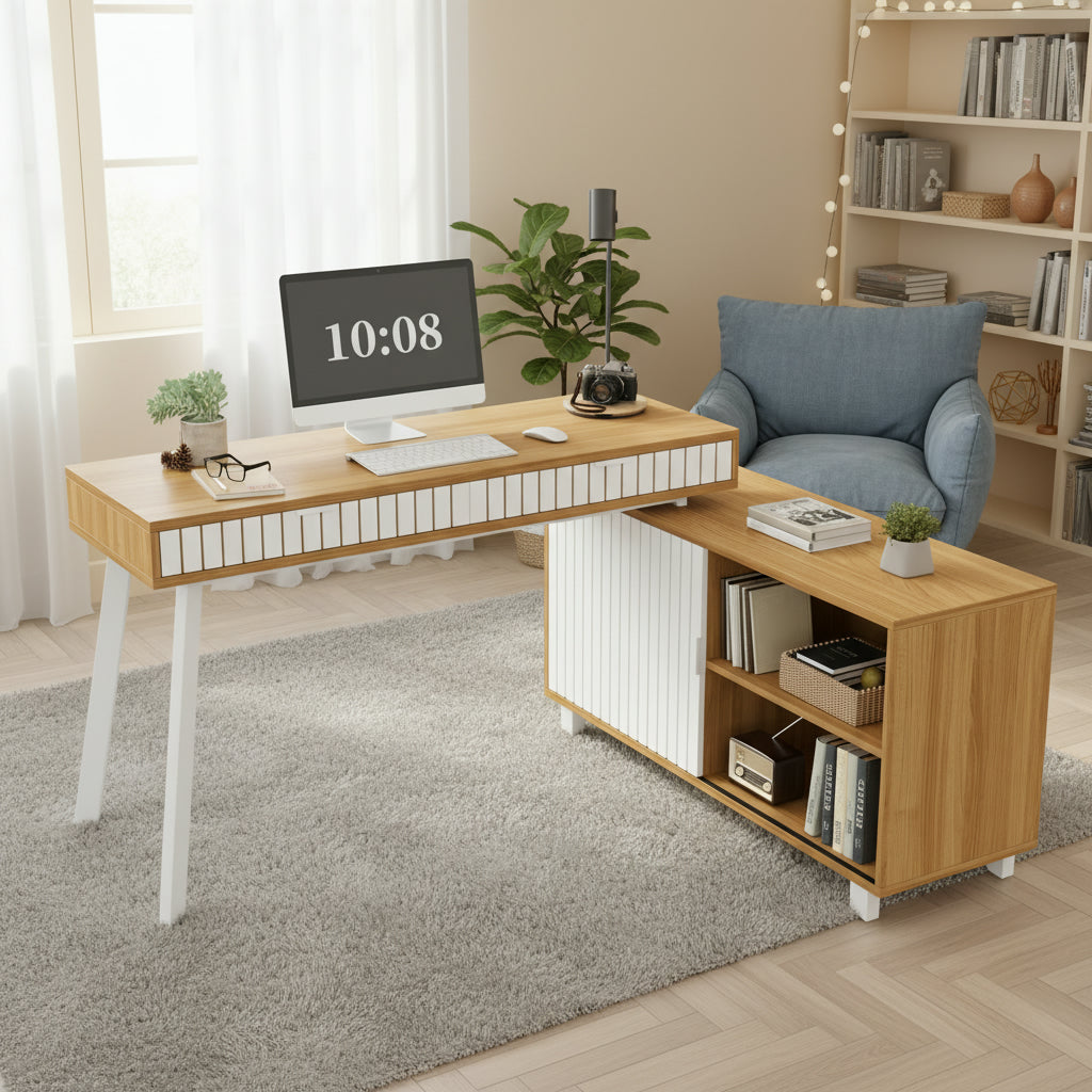 140x120x76.5cm L-shaped Desk, Modern Minimalist Style, Vertical Stripe Pattern, Steel Legs, Two Drawers, Spacious Cabinet, Natural Color  White.