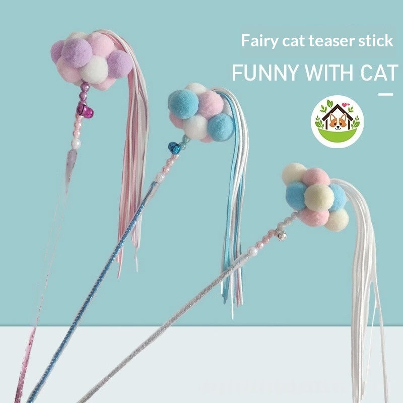 Cat Teaser Wand Toy - Colorful Ribbon Tassel with Jingle Bell Fairy Style Durable Chew Resistant Pet Play Stick