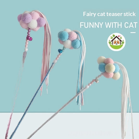 Cat Teaser Wand Toy - Colorful Ribbon Tassel with Jingle Bell Fairy Style Durable Chew Resistant Pet Play Stick