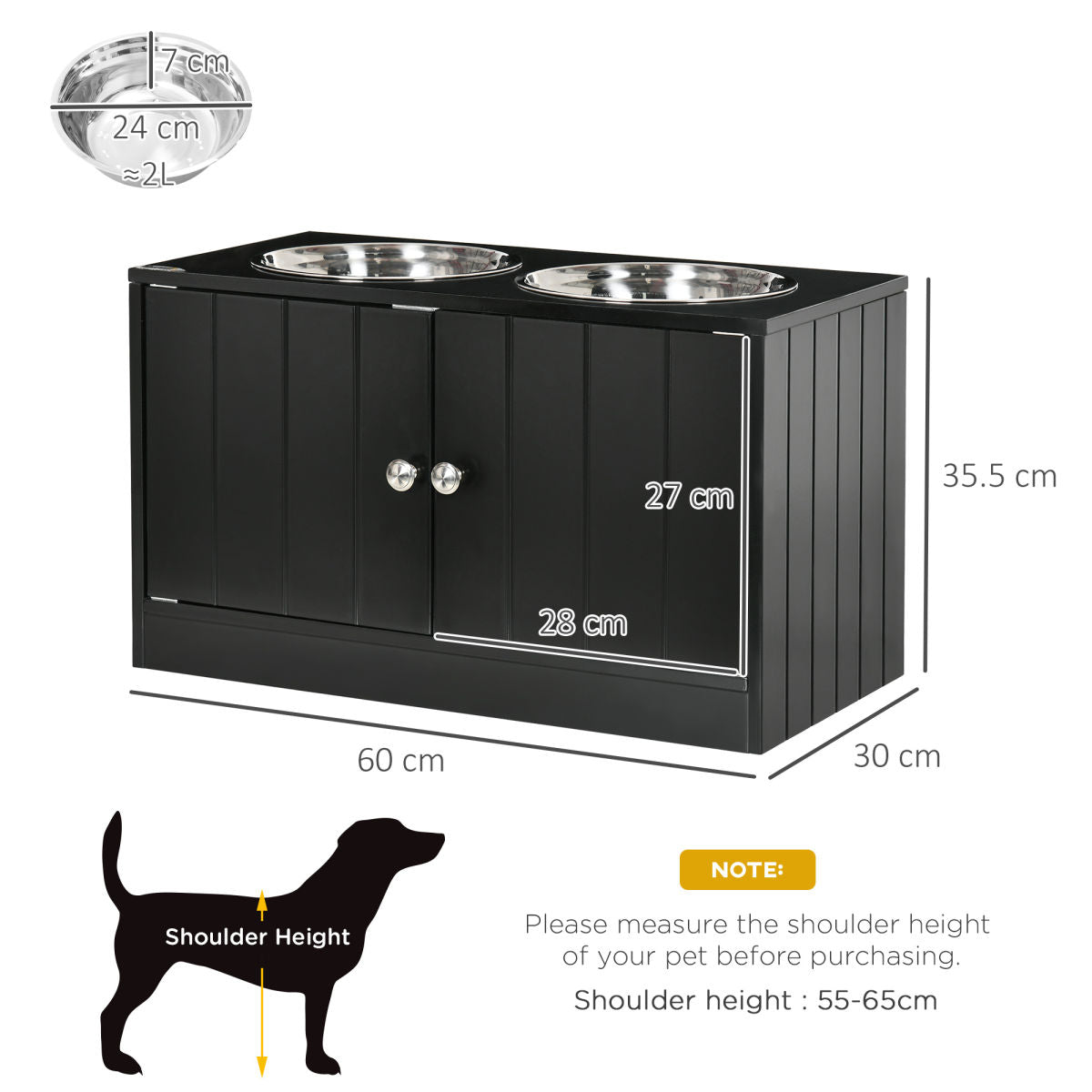 PawHut Raised Pet Feeder, With Two Bowls, Storage - Black