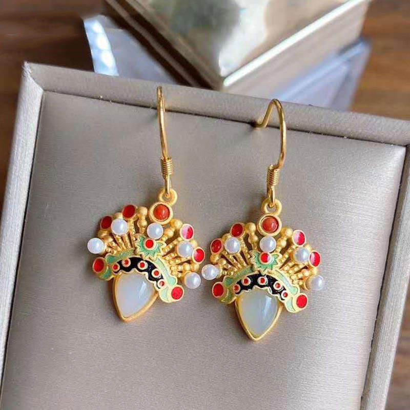 Inlaid White Jade Water Drop Classical-shaped Sword Horse Dan Peking Opera Facial Makeup Earrings