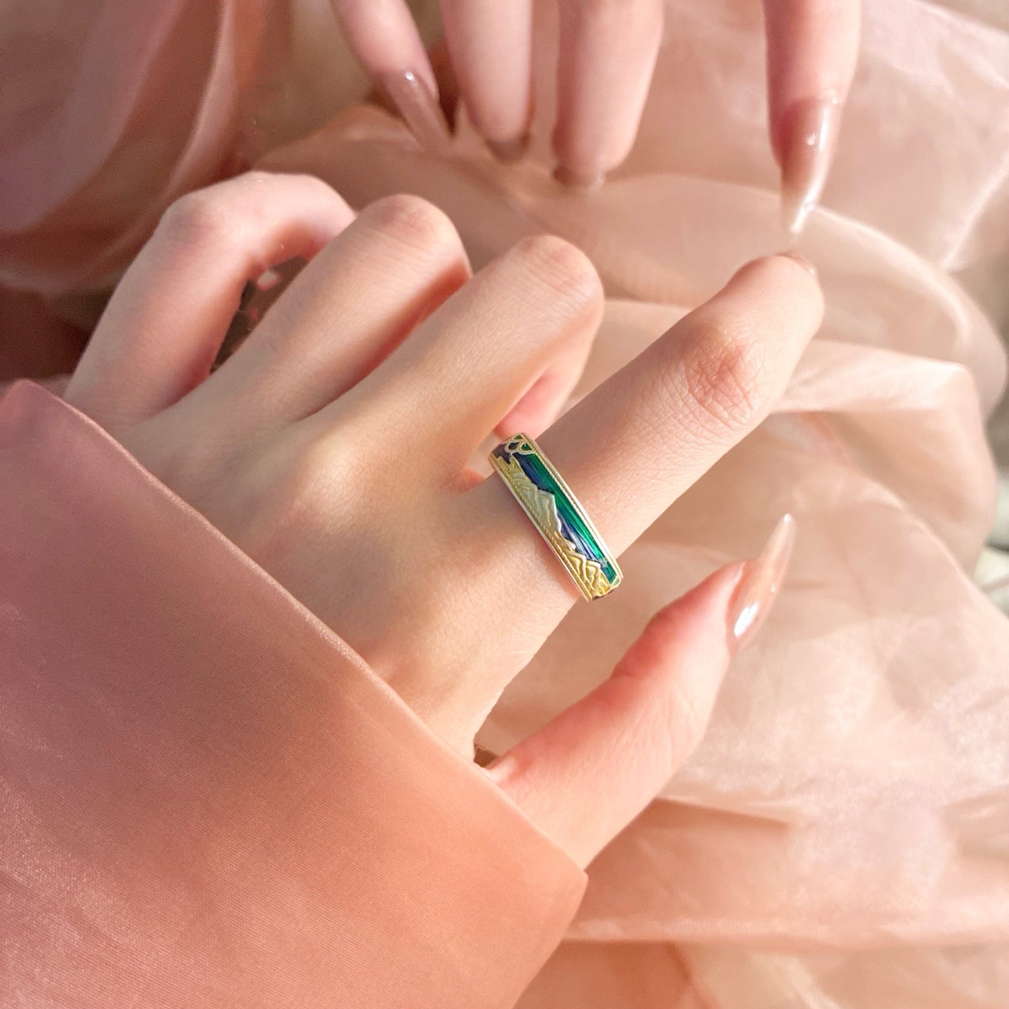 1pcs 999.9 Sterling Silver Gold-Plated Landscape Statement Ring, Luxury Retro Style, Ideal For Birthdays & Holiday Gifts