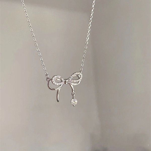 1pcs 999 Sterling Silver Bowknot & CZ Drop Necklace, Elegant Trendy Style, Ideal For Birthday & Valentine's Gifts