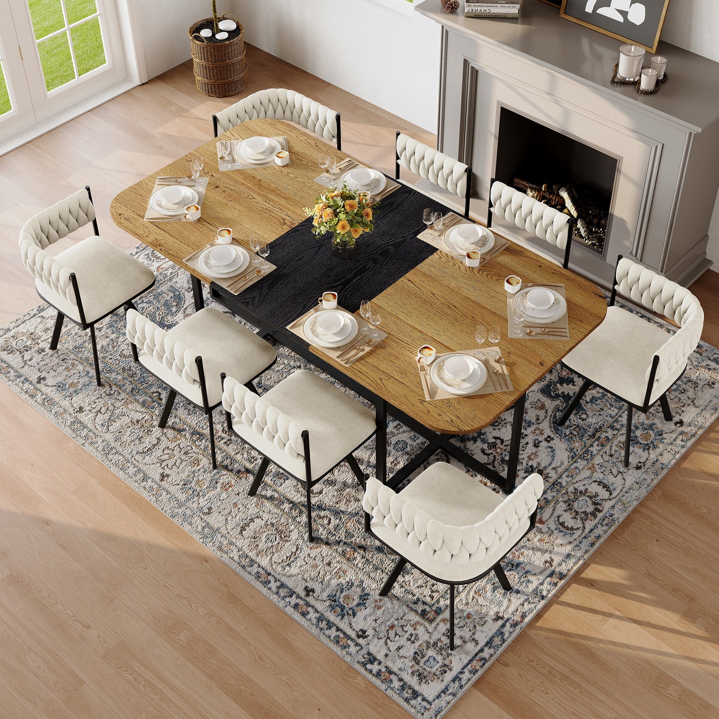 9-Piece Square Dining Table Set, Fixed Two-Tone Wood Grain & Black Wood Grain Triamine Tabletop With 8 Beige Velvet Chairs, Modern Kitchen Table Set For 8 People, Ideal For Family Gatherings
