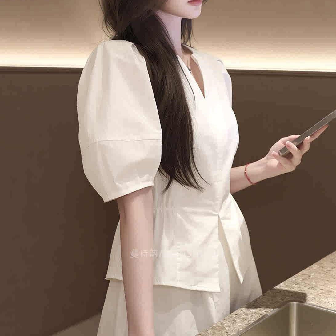 Summer New Arrival Designer White Puff-sleeve Waist-cinching Blouse