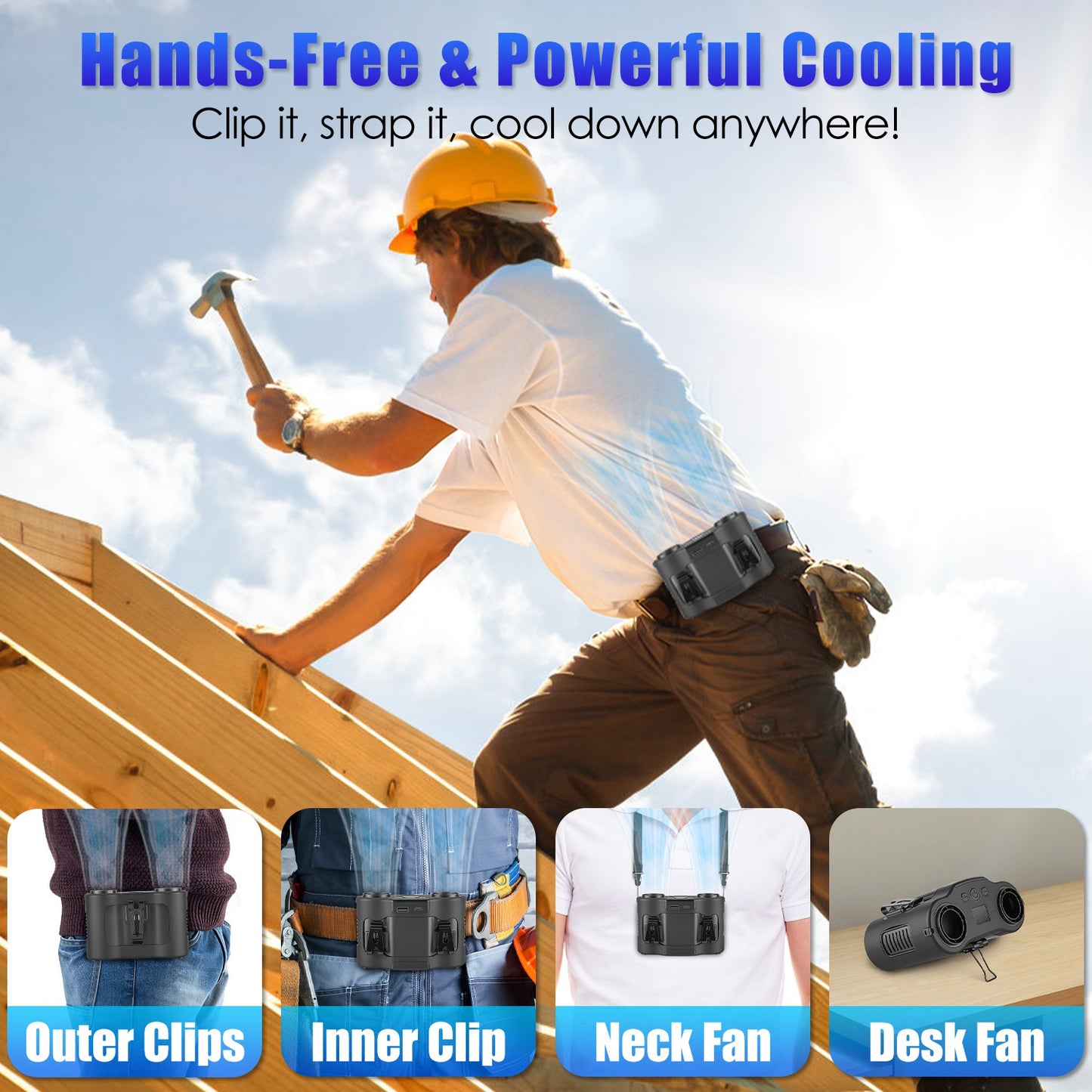 16000mAh 4 In 1 Dual Turbine Waist Clip Fan Wearable Personal Fan Hands Free With 5 Speeds LCD Display Lanyard Double As Power Bank For Jobsites Camping Hiking