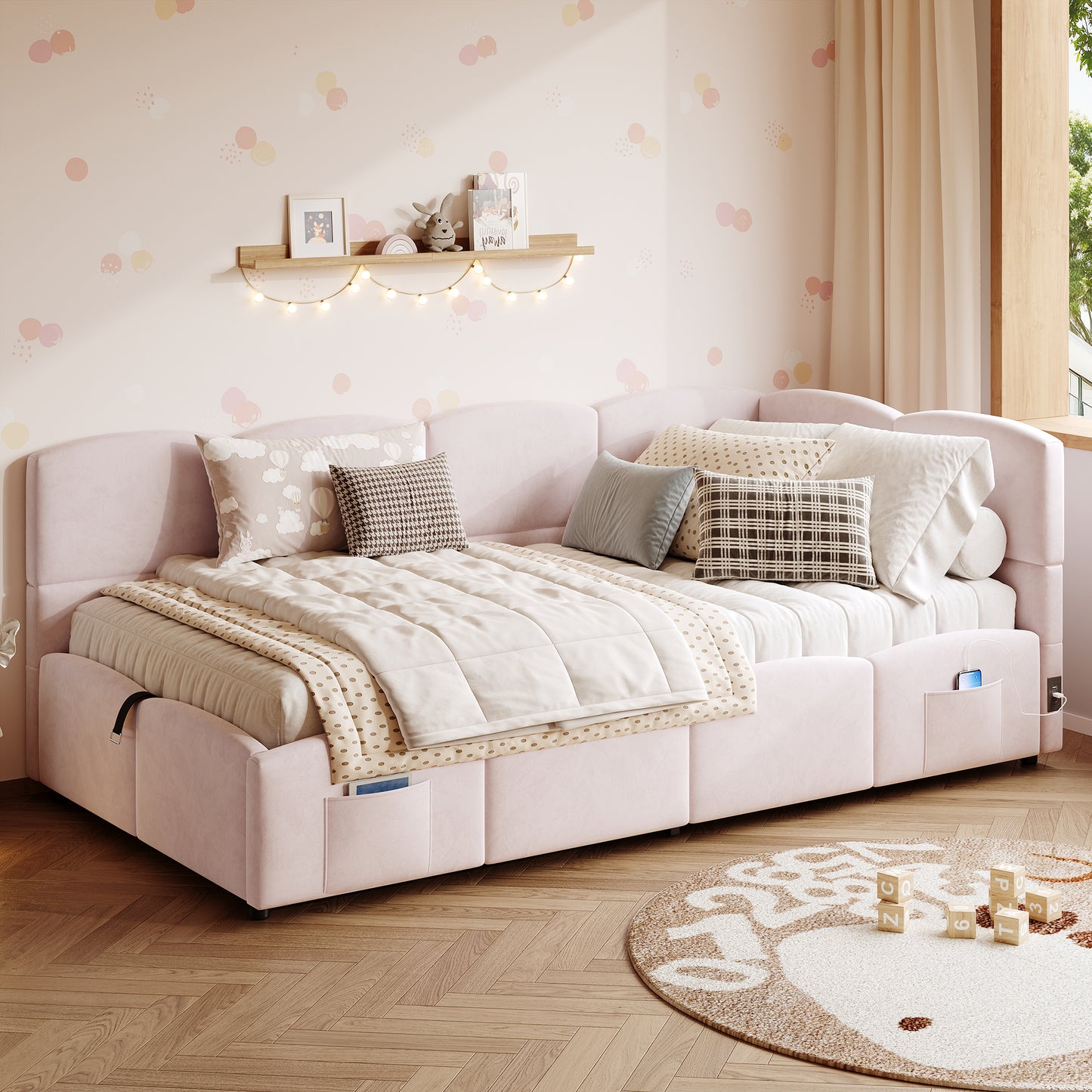 Upholstered Sofa Bed 90 X 190 Cm, 3-ft Single Daybed, Children's Bed, Single Sofa Bed With Slatted Frame, Hydraulic Storage, USB Charging, Velvet, Pink Without Mattress