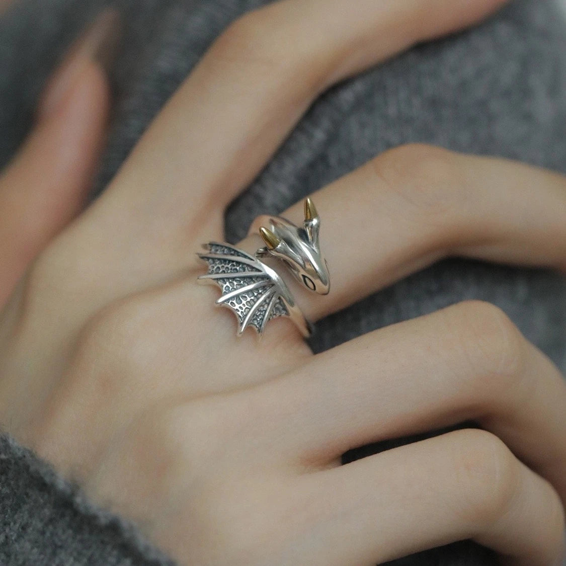 1pcs Two-Tone Vintage Dragon Wing Adjustable Open Ring, Dark Punk Gothic Style, For Daily Street Cosplay Wear & Men Women Unique Holiday Gifts