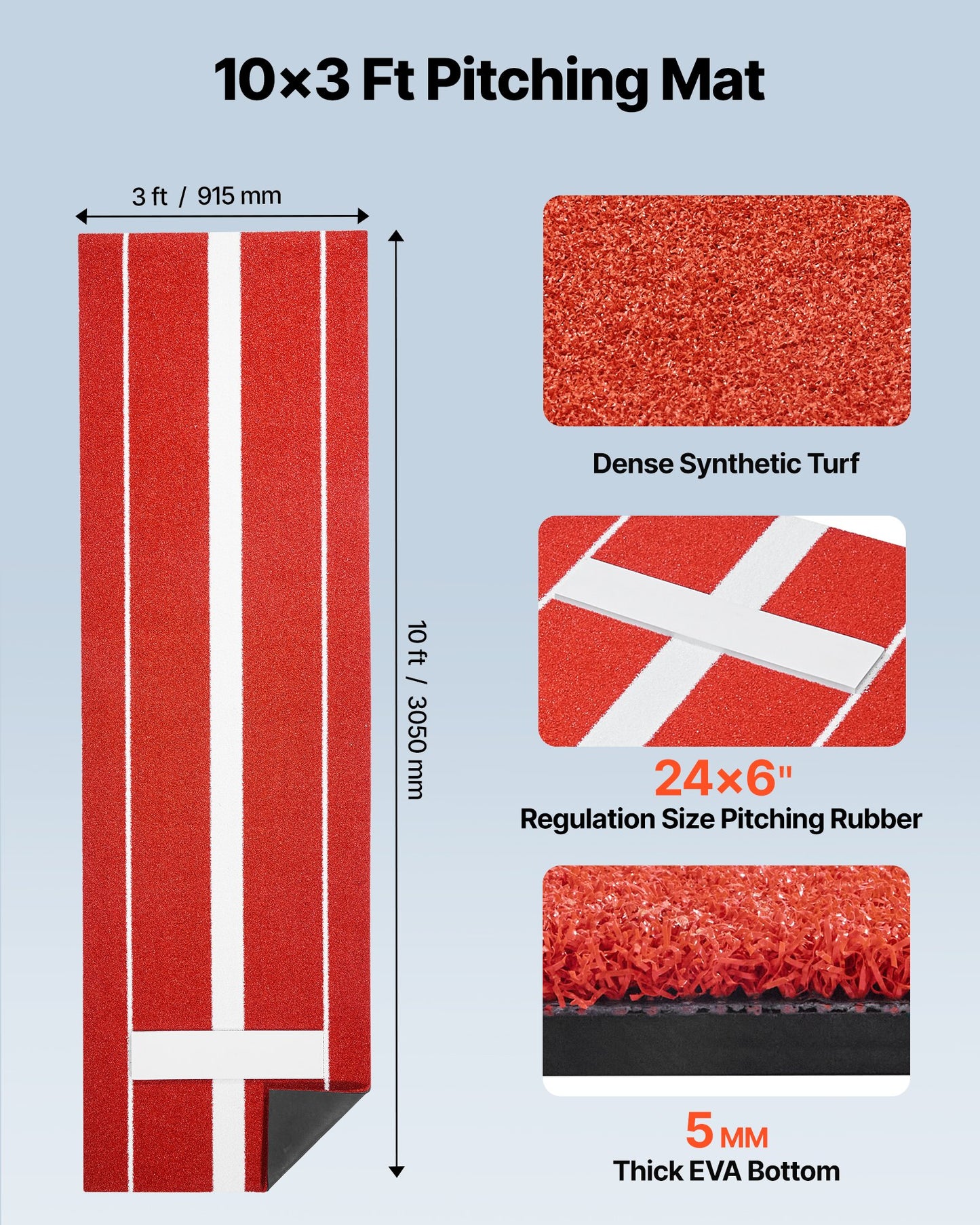 Softball Pitching Mat, 10x3 Ft Baseball Pitching Rubber Mound, Antifade Turf And Antislip Foam Backing Portable Training Aid, Fastpitch Equipment For Pitchers Indoor Outdoor Practice, Red