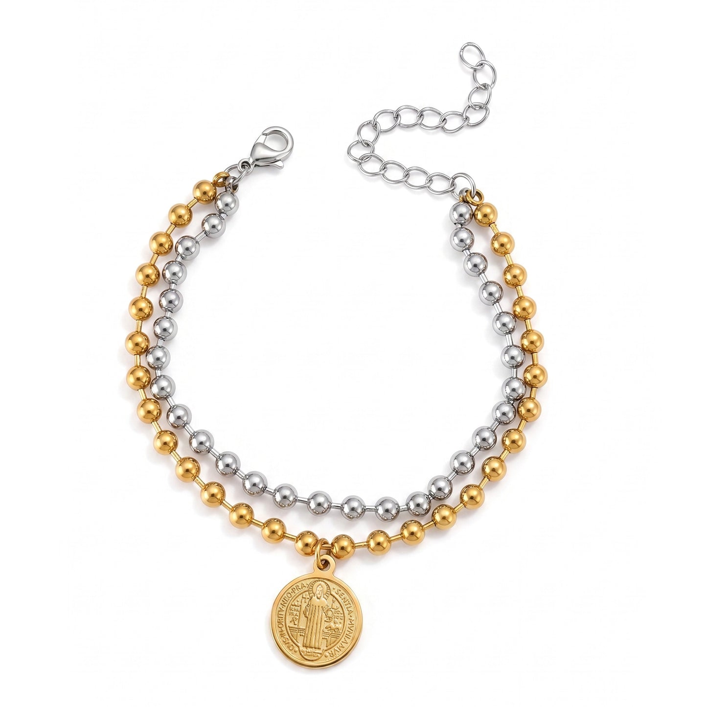 Double Layer St Benedict Bracelet Gold Silver Two Tone Stainless Steel Ball Bead Chain San Benito Medal Protection Charm Catholic Jewelry Religious Gifts For Her