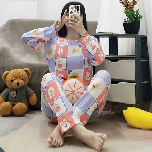 Simple Casual Spring Autumn Pajamas Women Korean Style Solid Color Plaid Fetish Long-sleeve Suit