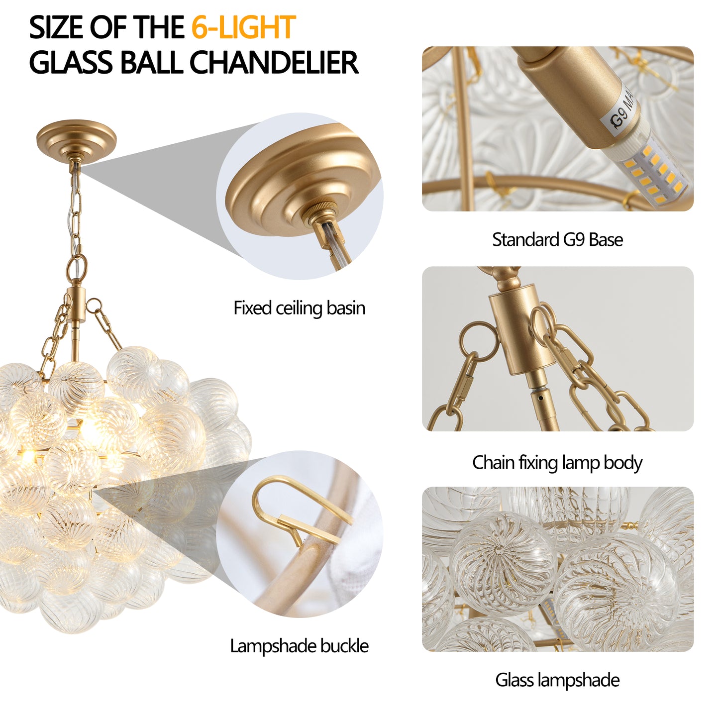 23.6-Inch Gold Pendant Light Chandelier With Threaded Clear Glass Globe Shade - Adjustable Height, Ideal For Living Room, Dining Room, Kitchen  No Bulbs
