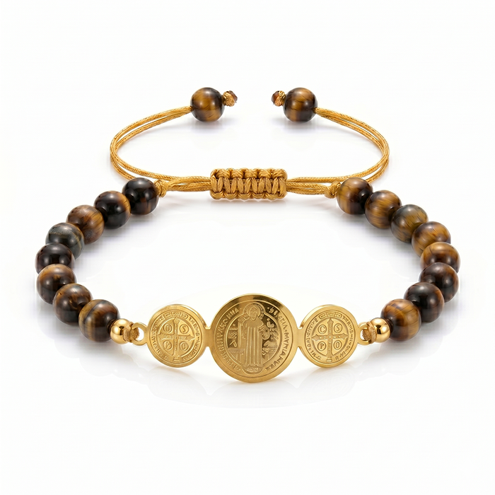 St. Benedict Medal Protection Bracelet - 18K Gold Plated Stainless Steel Natural Tiger's Eye Rhodonite Stone Beads - Adjustable Religious Gift For Men Women