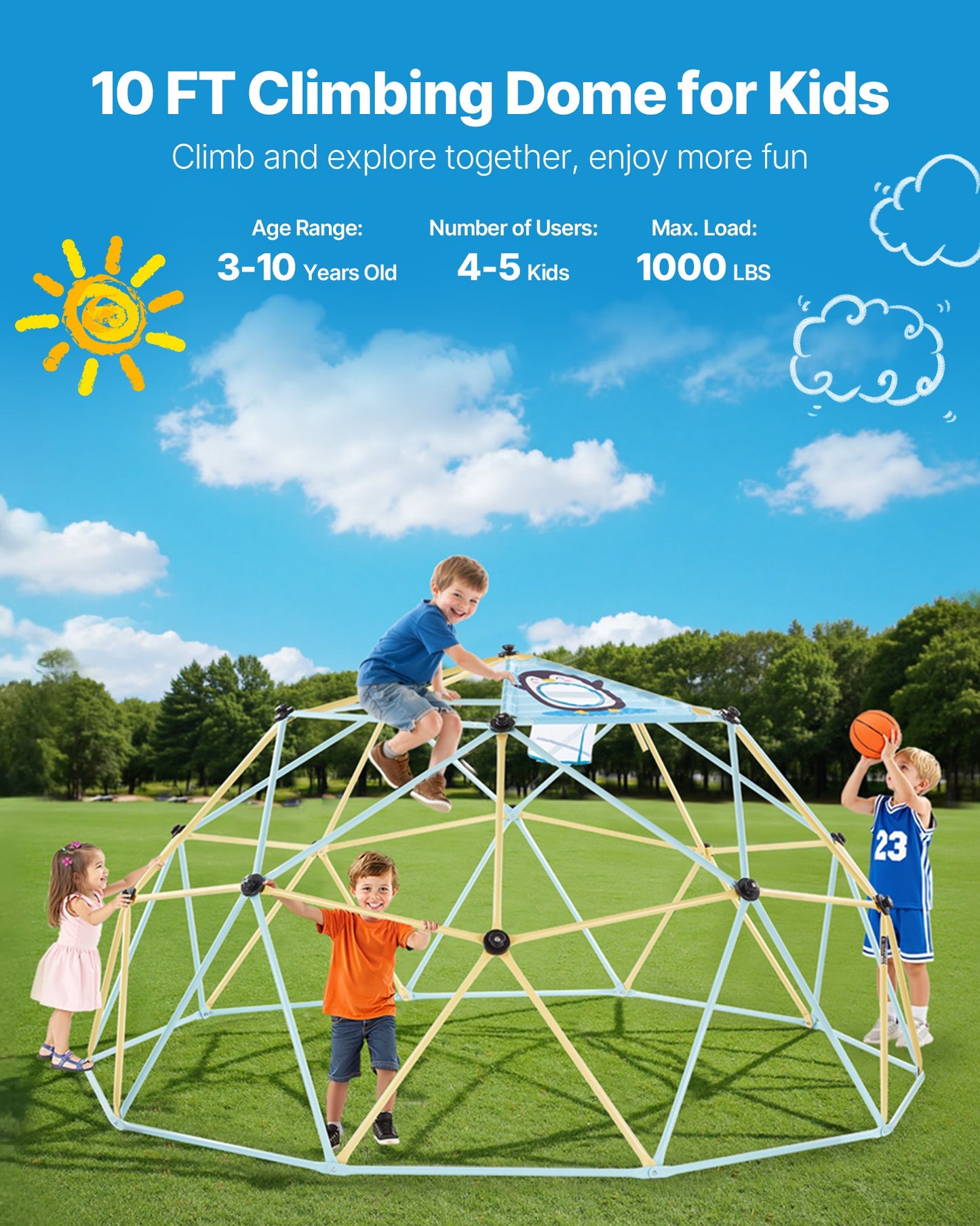 Climbing Dome, 10FT Geometric Dome Climber, 1000LBS Loading Jungle Gym Playground With 2 Basketballs & Octopus Net, Easy-Assembly Outdoor Backyard Climbing Equipment For Kids 3 To 10 Years Old