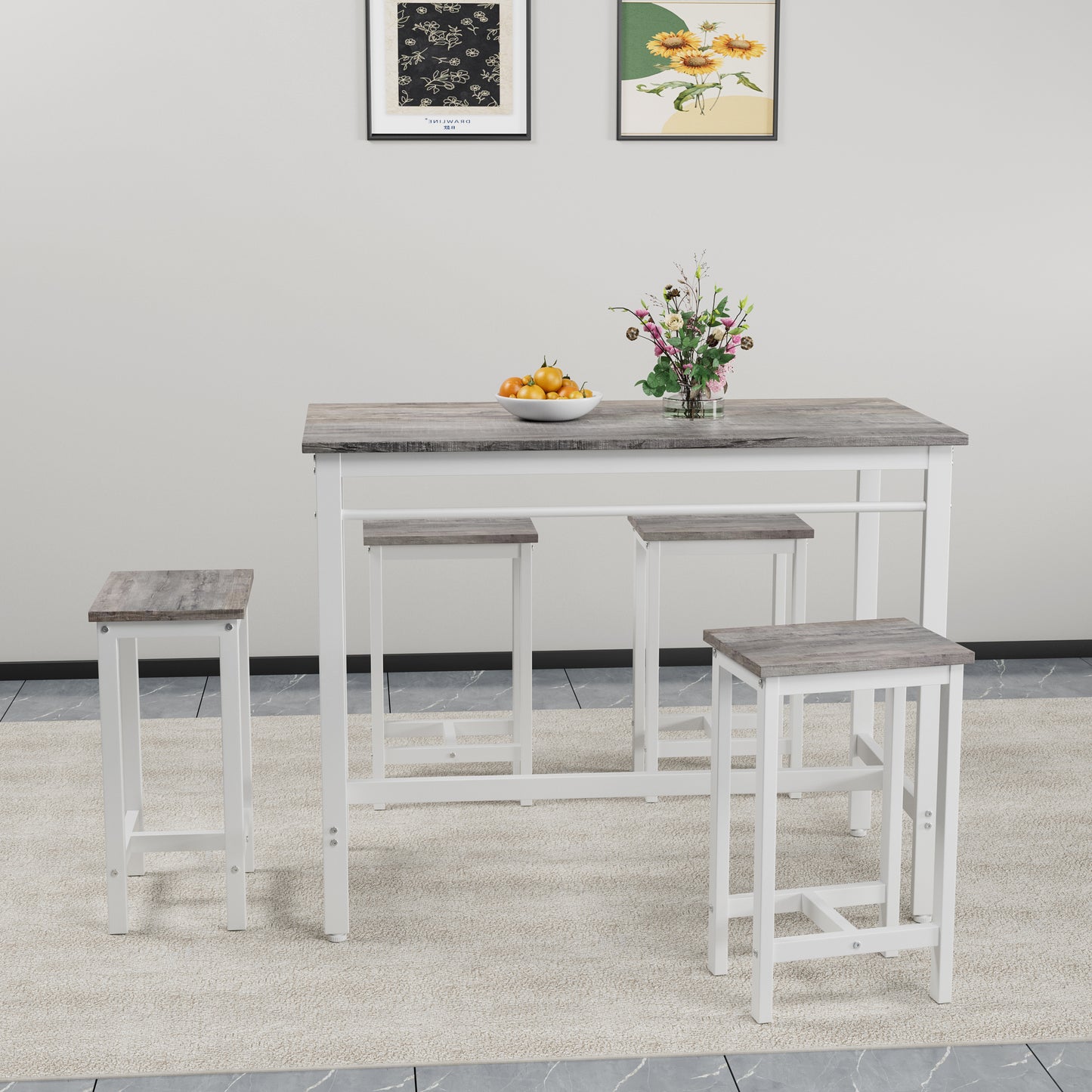 5-piece Modern Kitchen Table With Four Bar Stools Bar Table Set 5PC,metal Frame And MDF, White Oak,47.5  L X 23.7  W X 35.5  H.