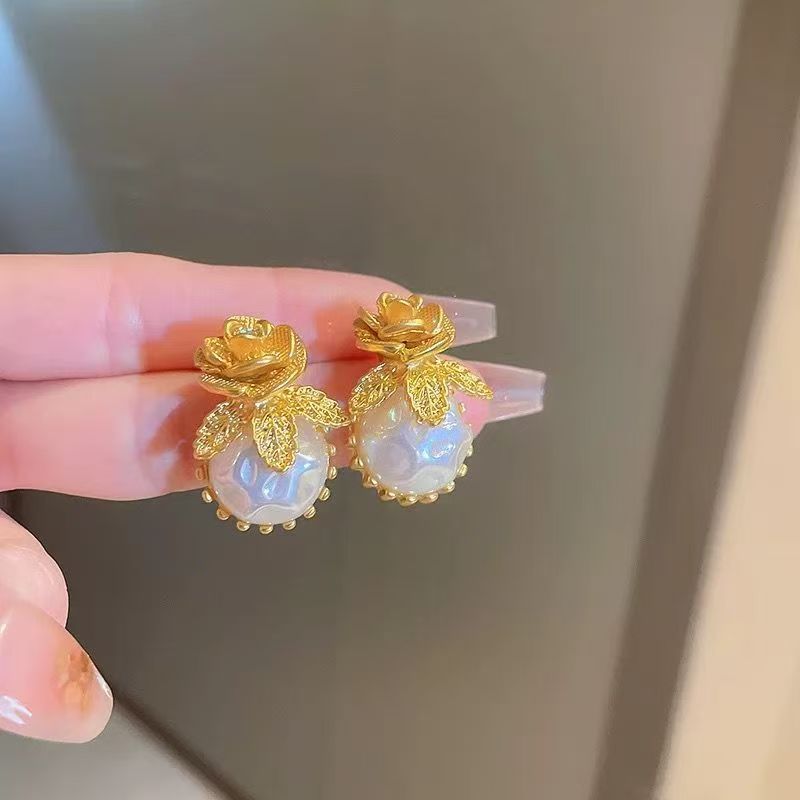 Rhinestone Floral Irregular Pearl Earrings, Elegant Compact Studs, Vintage French Light Luxury Fashion Ear Jewelry For Women