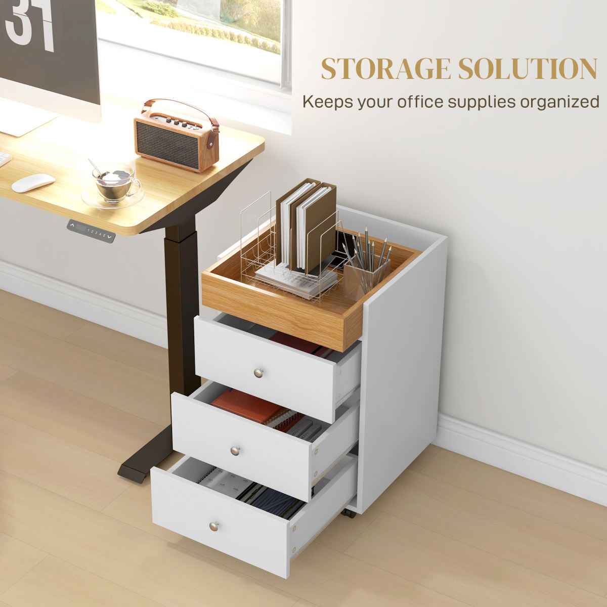 3 Drawer File Cabinet On Wheels Mobile Home Office Storage Cabinet With Top Tray Under Desk Printer Stand, White
