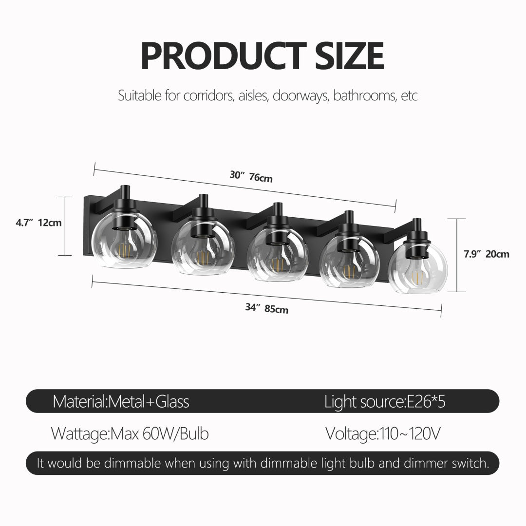 Bathroom Light Fixtures Over Mirror 5-Lights Bathroom Vanity Light With Clear Globe Glass Shade Modern Black Vanity Light Wall Sconce Vanity Lighting For Bath  Bulbs Not Included
