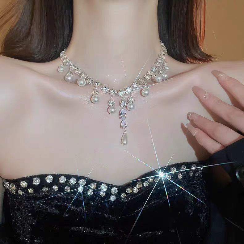Full Zirconium Pearl Tassel Accessories Female Necklace