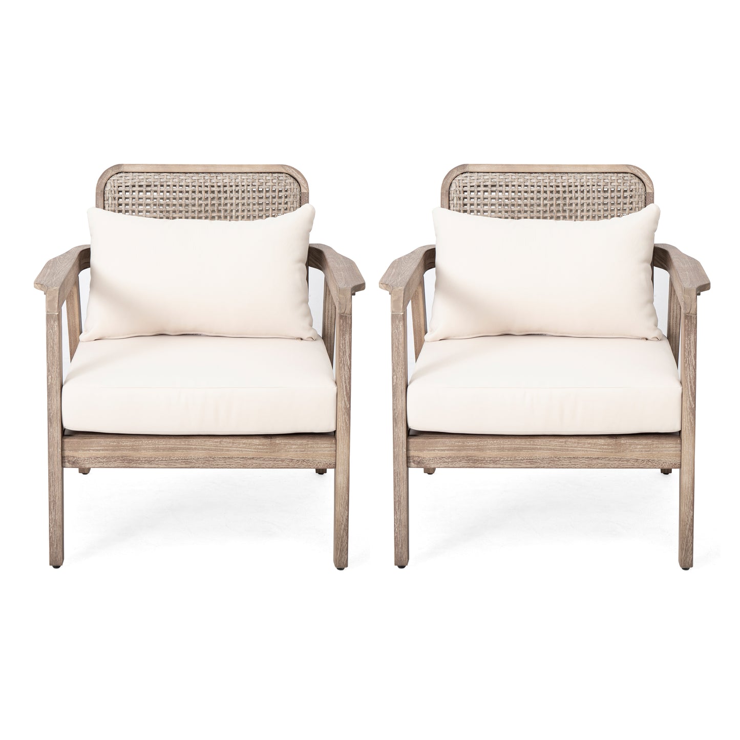 SET OF 2  Outdoor Acacia Wood Patio Club Chair, Patio Furniture,Waterproof Thick Cushion Deep Seating For Porch, Garden, Backyard, Balcony, Weight Capacity 400lbs, Light Brown Finish, Cream Cushion
