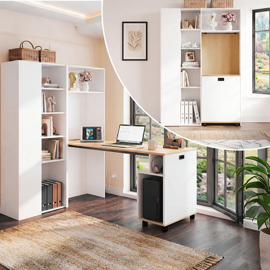 Folding Desk With Shelves  2-in-1 Bookshelf And Desk, Foldable, With Power Outlet And USB Port, Height-adjustable Shelves, Anti-tip Device, White Desk, Corner Desk Left