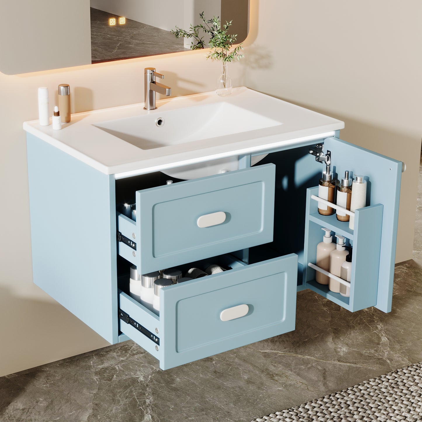 76x46x51cm Bathroom Wall Cabinet, Fully Lacquered, LED  Sensor Lighting, Two Drawers, Silent Slide Rails, Integrated Sink, Blue