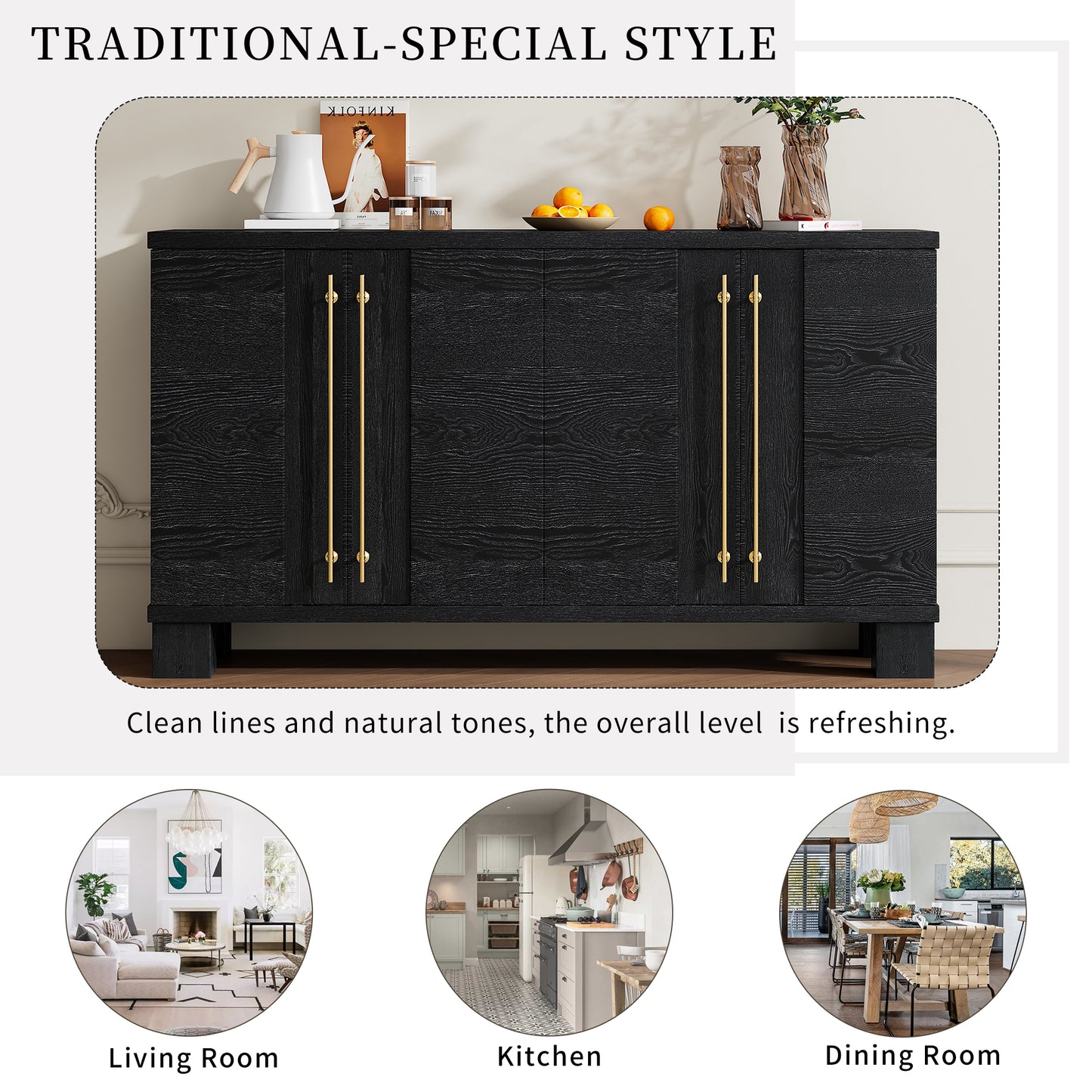 TREXM Sideboard Buffet Cabinet With Storage  Wood Sideboard With Adjustable Shelves And Gold Handles For Kitchen  Dining Room And Living Room  Black