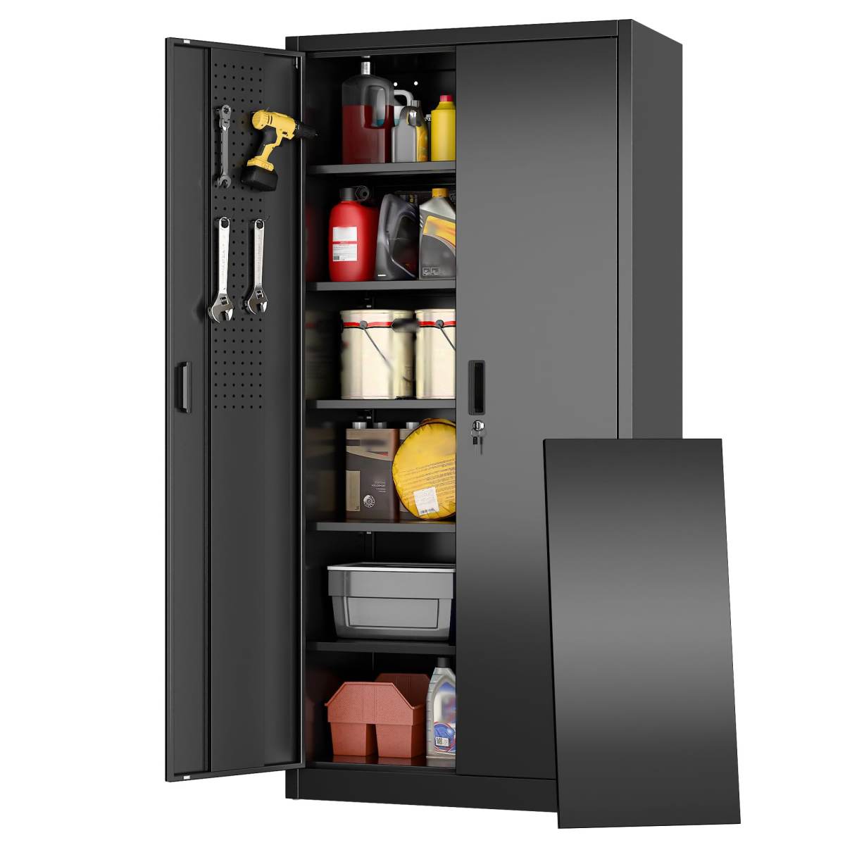 Garage Storage Cabinet With 5 Adjustable Shelves, Locking Metal Storage Cabinet With Pegboard Doors For Garage, Home, Black, Assembly Required