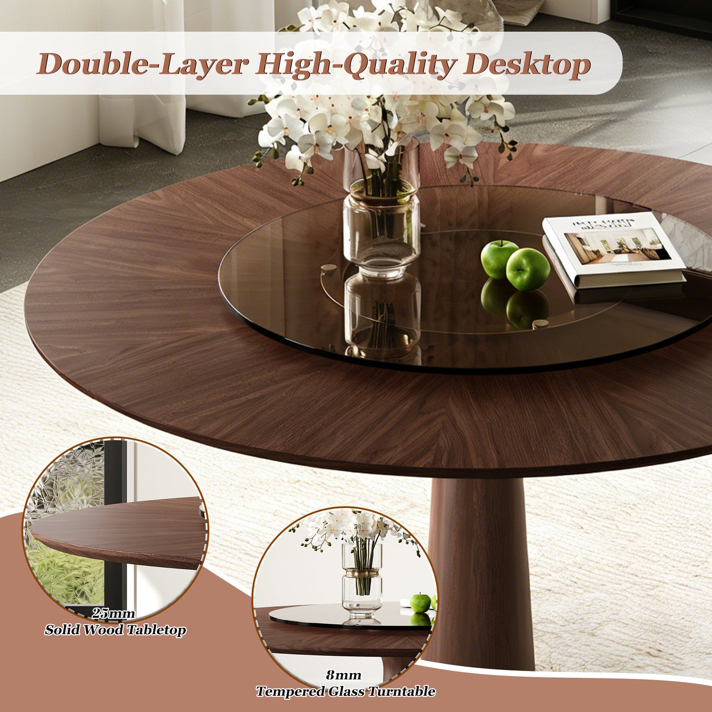 47 Inch Solid Wood Dining Table With 23 Inch Tempered Glass Lazy Susan  Stainless Steel Base Round Kitchen Table Retro Fashion Home Restaurant Office Table
