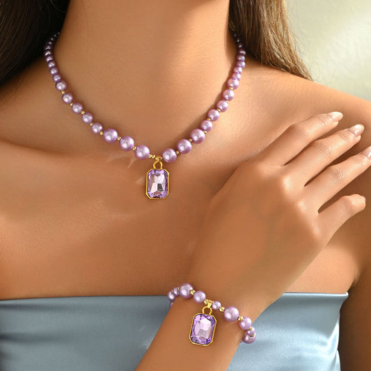 Fashion OL European Style Women Jewelry Set, Niche Rhinestone Inlaid Pendant Pearl Necklace & Matching Bracelet Clavicle Accessories