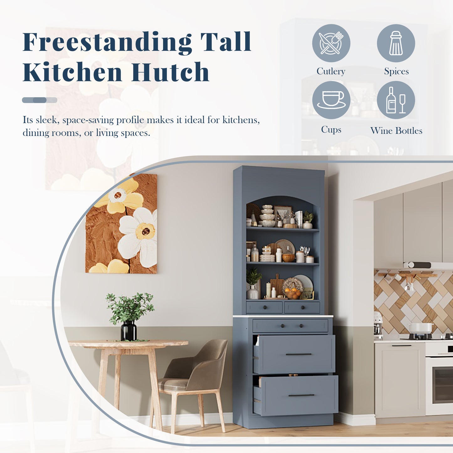 TOPMAx Modern 83.7inch High Kitchen Pantry  Freestanding Tall Kitchen Hutch With Faux Marble Top  Cupboard Cabinet With 5 Storage Drawers And Adjustable Shelf  Set Of 2  Gray