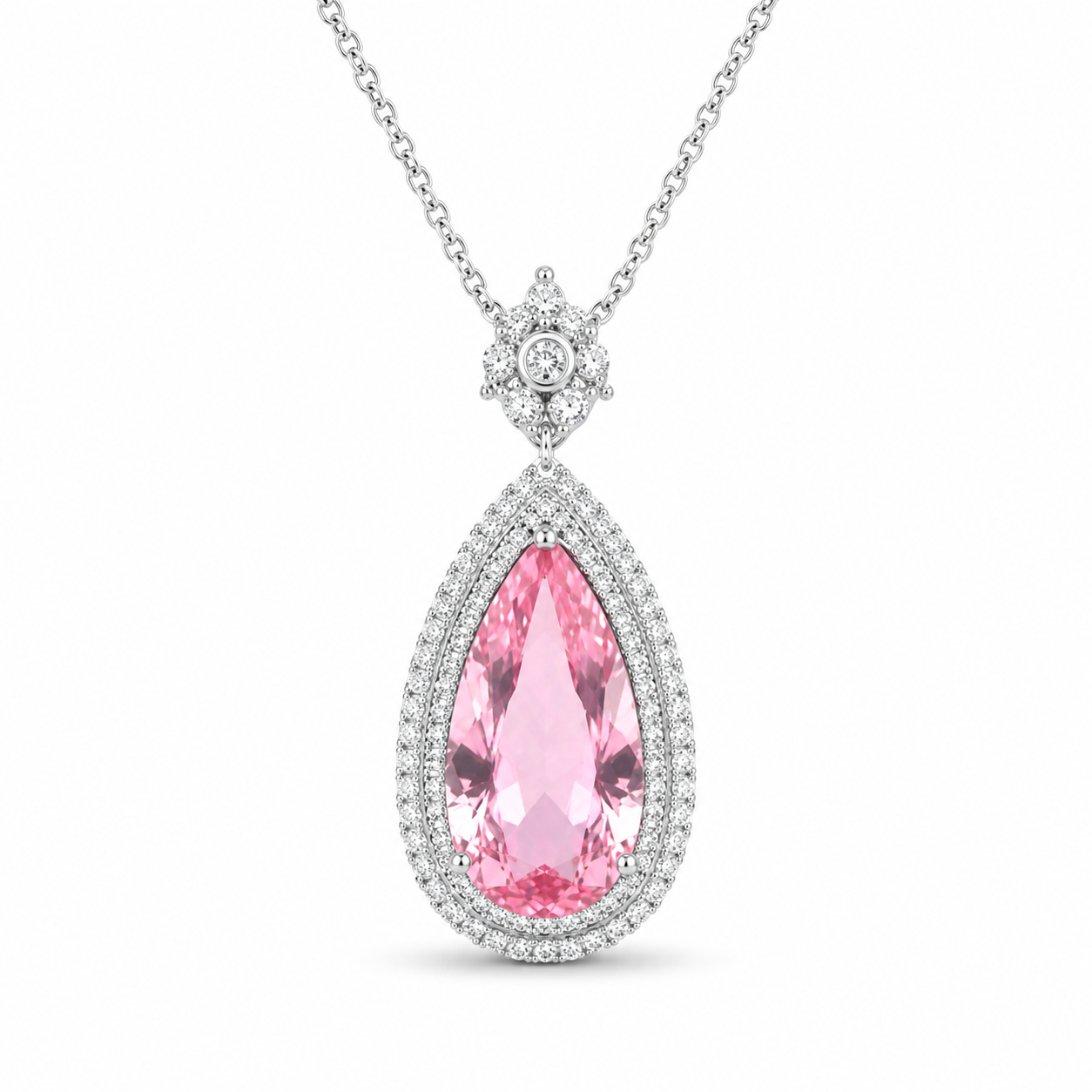 Luxury Pear Shape Pink Morganite Drop Necklace, Silver Plated CZ Halo Pendant For Anniversary & Formal Party Gifts