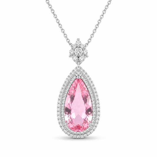Luxury Pear Shape Pink Morganite Drop Necklace, Silver Plated CZ Halo Pendant For Anniversary & Formal Party Gifts