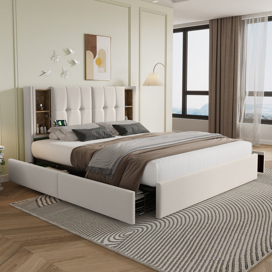Double Bed With Wireless Charging USB C& 4 Drawers, Upholstered Bed Bed Frame 160x200cm, Slatted Base Made Of Wood-beige Velvet  Without Mattress