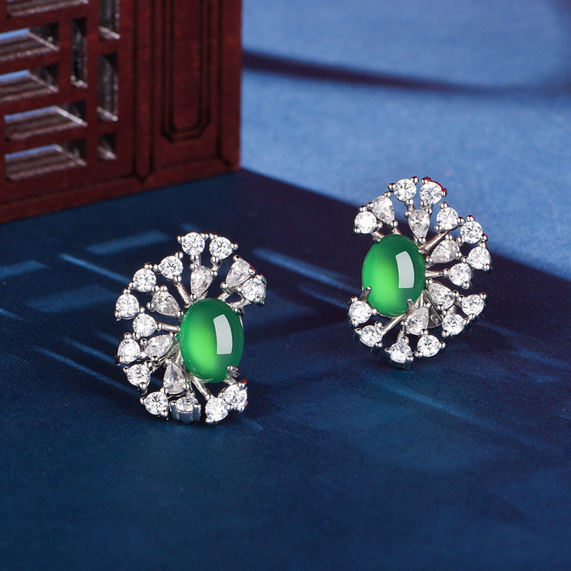S925 Sterling Silver Sunburst Halo Stud Earrings, 8x6mm Oval Green Chrysoprase, Platinum Plated 4.7g, Elegant Women's Fine Jewelry Gift Box Set
