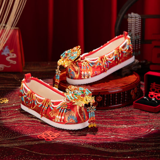 Handmade Original Chinese-Style M Ing Dynasty Wedding Shoes For Women, Red Beaded Xiuhe Bride Shoes, Premium Traditional Chinese Wedding Shoes