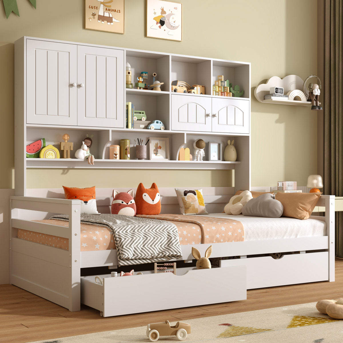 3ft Single Bed With Two Storage Drawers And Bookcase Headboard, Wooden Bed Frame With Storage And Guardrail, Space-Saving Design For Bedroom, Dorm And Study Room, White  No Mattress